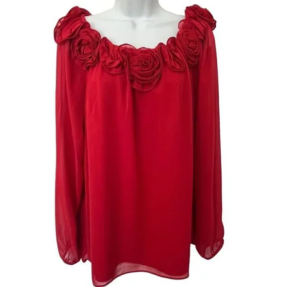 Leslie Fay Flower Rosette Trim Blouse 12 Red Sheer Sexy Romantic Cocktail Party - Picture 2 of 12